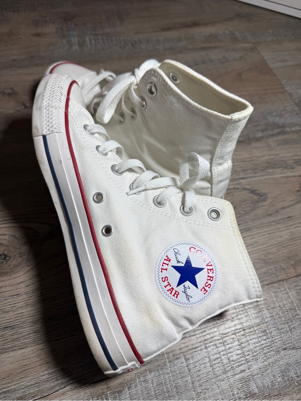 Converse High Top Sneakers in White with Red & Blue Stripe